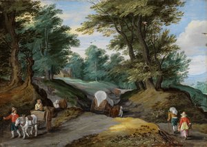 Boslandschap met paardenkarren en naar de markt trekkende boeren door Jan Brueghel the Younger